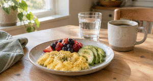 A high-protein breakfast of eggs, avocado and berries on a wooden table