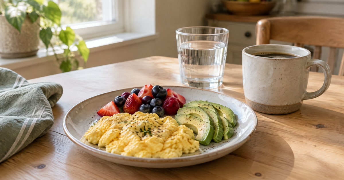 A high-protein breakfast of eggs, avocado and berries on a wooden table